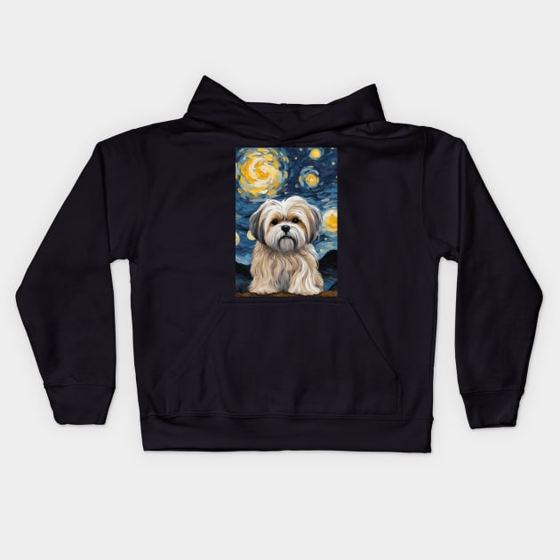 Adorable Lhasa Apso Dog Breed Painting in a Van Gogh Starry Night Art Style Kids Hoodie by Art-Jiyuu